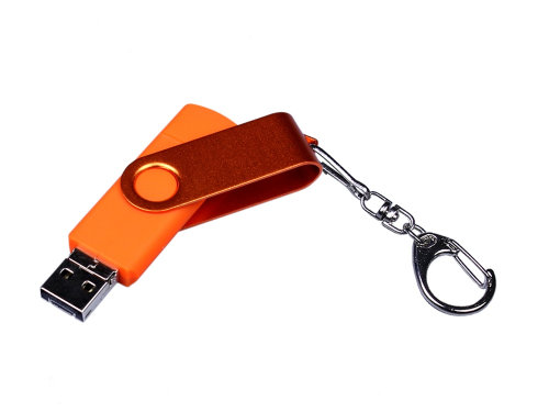 USB-флешка на 32 Гб 3 в 1 поворотный механизм, c двумя дополнительными разъемами MicroUSB и TypeC C с одноцветным металлическим клипом, оранжевый
