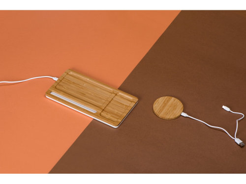 Беспроводное зарядное устройство-органайзер из бамбука Timber, темно-натуральный/белый