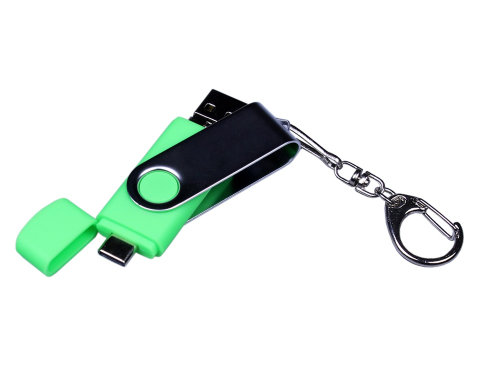 USB-флешка на 16 Гб поворотный механизм, c двумя дополнительными разъемами MicroUSB и TypeC, зеленый