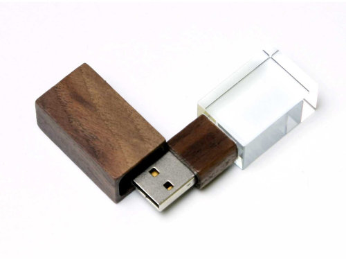 USB-флешка на 16 Гб прямоугольной формы, под гравировку 3D логотипа, материал стекло, с деревянным колпачком красного цвета, синий