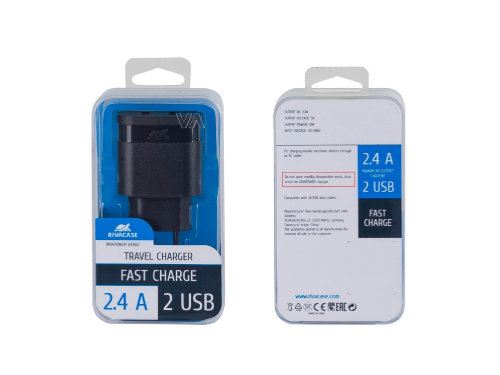 Сетевое зарядное устройство, 2 USB / 2.4 A, черный