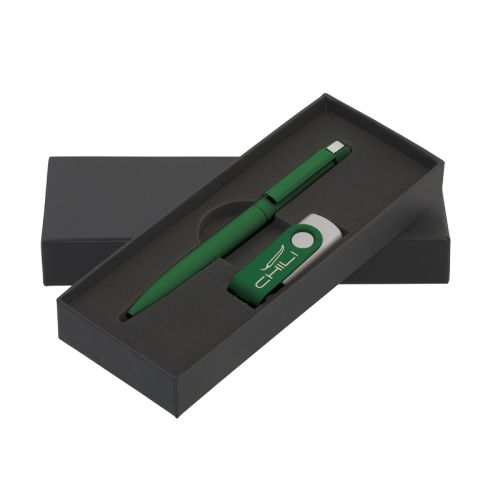Набор ручка + флеш-карта 16 Гб в футляре, покрытие soft touch, темно-зеленый