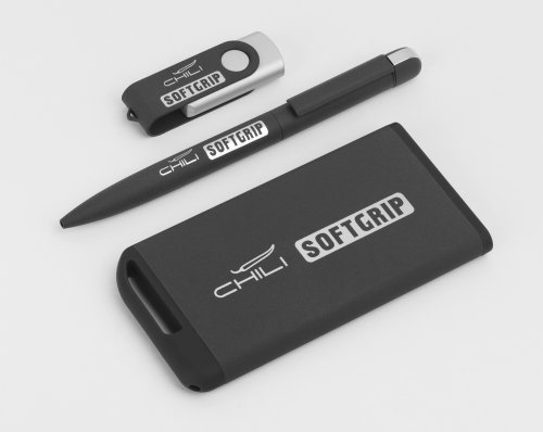 Набор ручка + флеш-карта 16Гб + зарядное устройство 4000 mAh в футляре, softgrip, черный