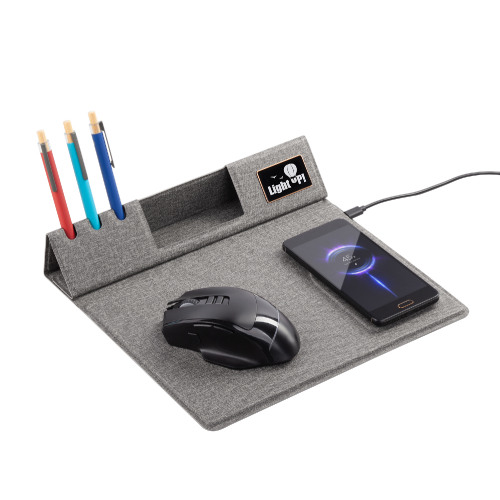 Настольная складная подставка "Cool Mat" с беспроводным (15W) ЗУ, сенсорной подсветкой логотипа, функцией MagSafe и ковриком для мыши, серый