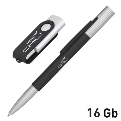 Набор ручка "Clas" + флеш-карта "Vostok" 16 Гб в футляре, покрытие soft touch, черный