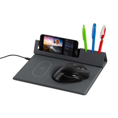 Настольная складная подставка "Cool Desk" с беспроводным (10W) зарядным устройством и ковриком для мыши, темно-серый