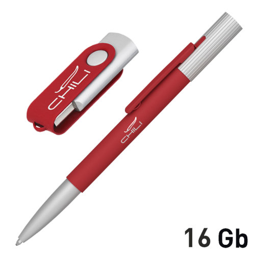 Набор ручка "Clas" + флеш-карта "Vostok" 16 Гб в футляре, покрытие soft touch, красный