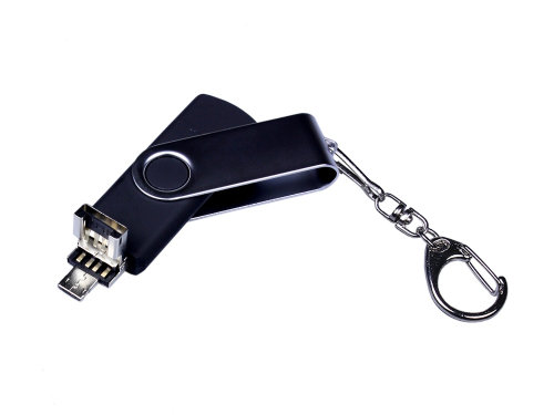 USB-флешка на 16 Гб поворотный механизм, c двумя дополнительными разъемами MicroUSB и TypeC, черный