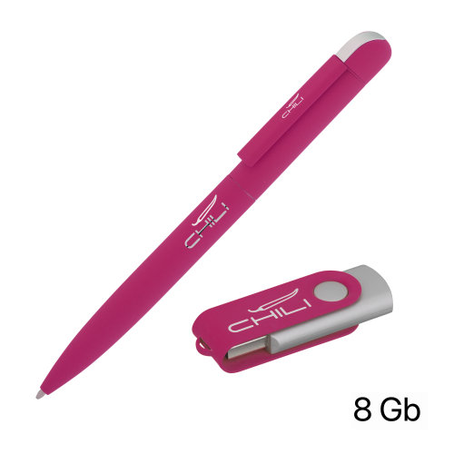 Набор ручка + флеш-карта 8 Гб в футляре, покрытие soft touch, фуксия