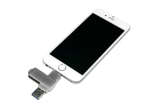 USB-флешка на 128 Гб, интерфейс USB3.0, поворотный механизм,c дополнительными разъемами для I-phone Lightning и Micro USB,  полностью металлический корпус, серебро