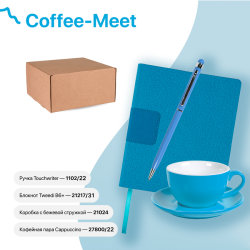 Набор подарочный COFFEE-MEET: бизнес-блокнот, ручка, чайная/кофейная пара, коробка, стружка, голубой (голубой лазурный)